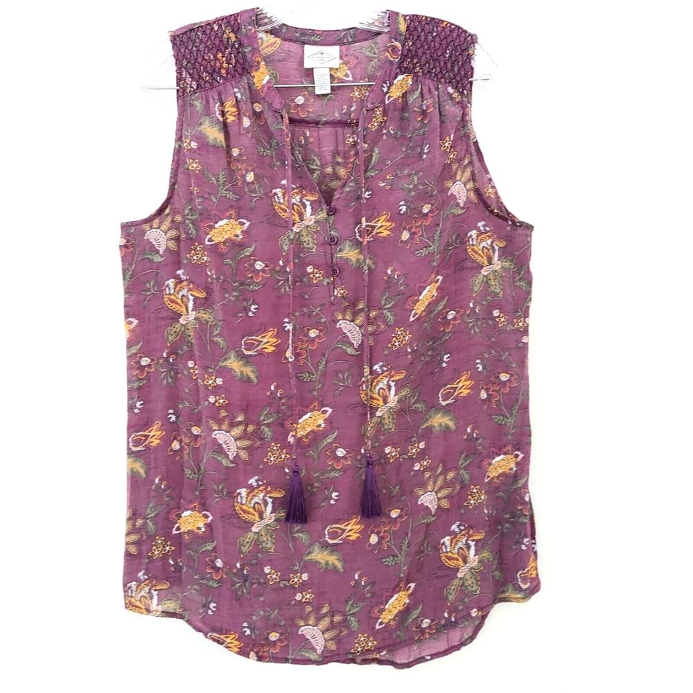 St John's Bay Sleeveless Blouse Large Mauve Dusty Pink Floral Tassels